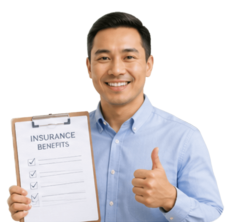 Smiling patient holding an insurance benefits clipboard